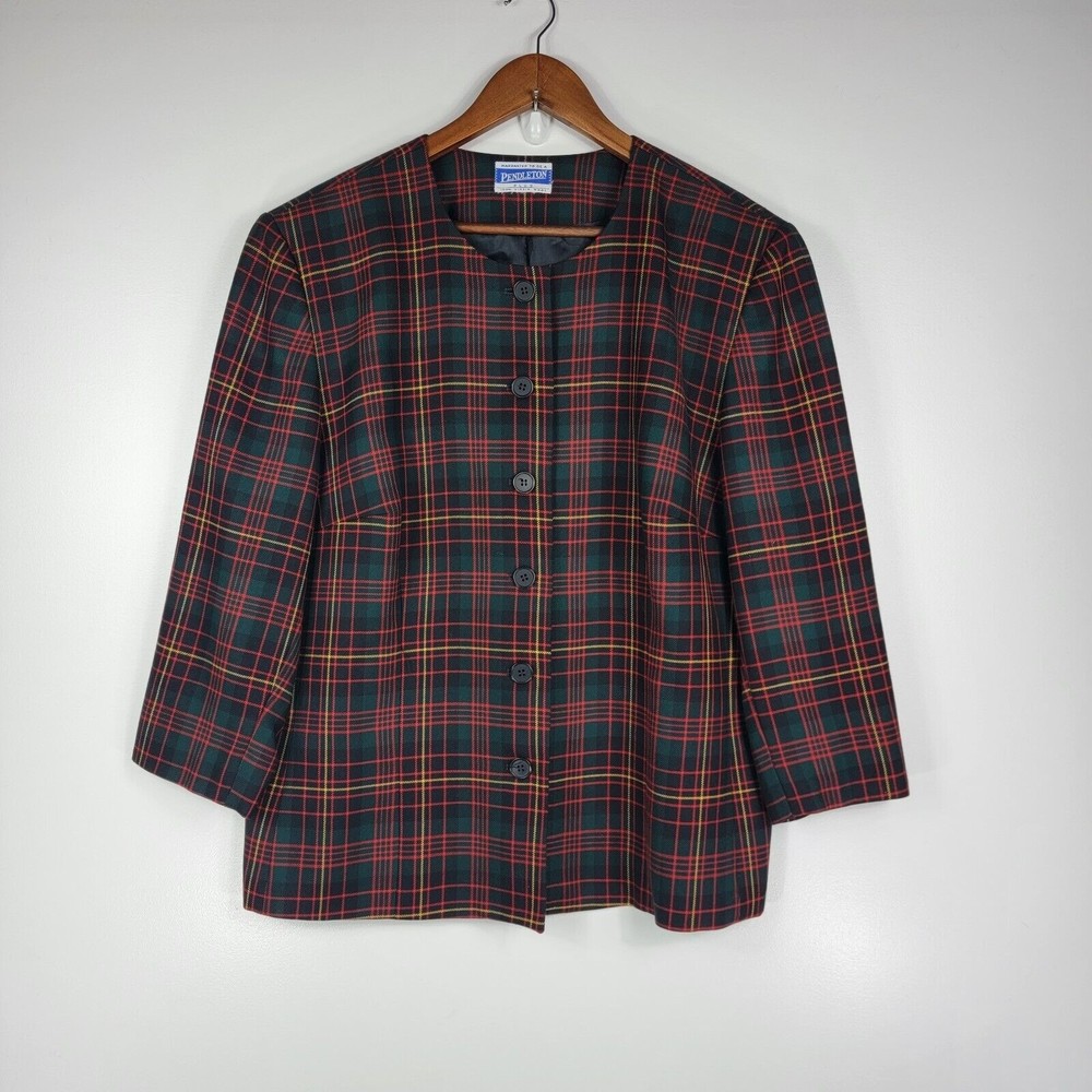 Vintage Pendleton Red Green Plaid 100% Wool Blazer No Size Tag - Picture 2 of 7